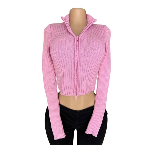 Brandy Melville Pink Ribbed Cropped Zip-Up Sweater For Women - Long Sleeve Mock - Picture 1 of 7